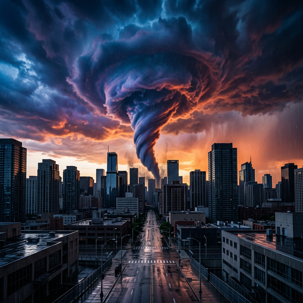 Tornado twisting through city skyscrapers under stormy, colorful sunset sky.