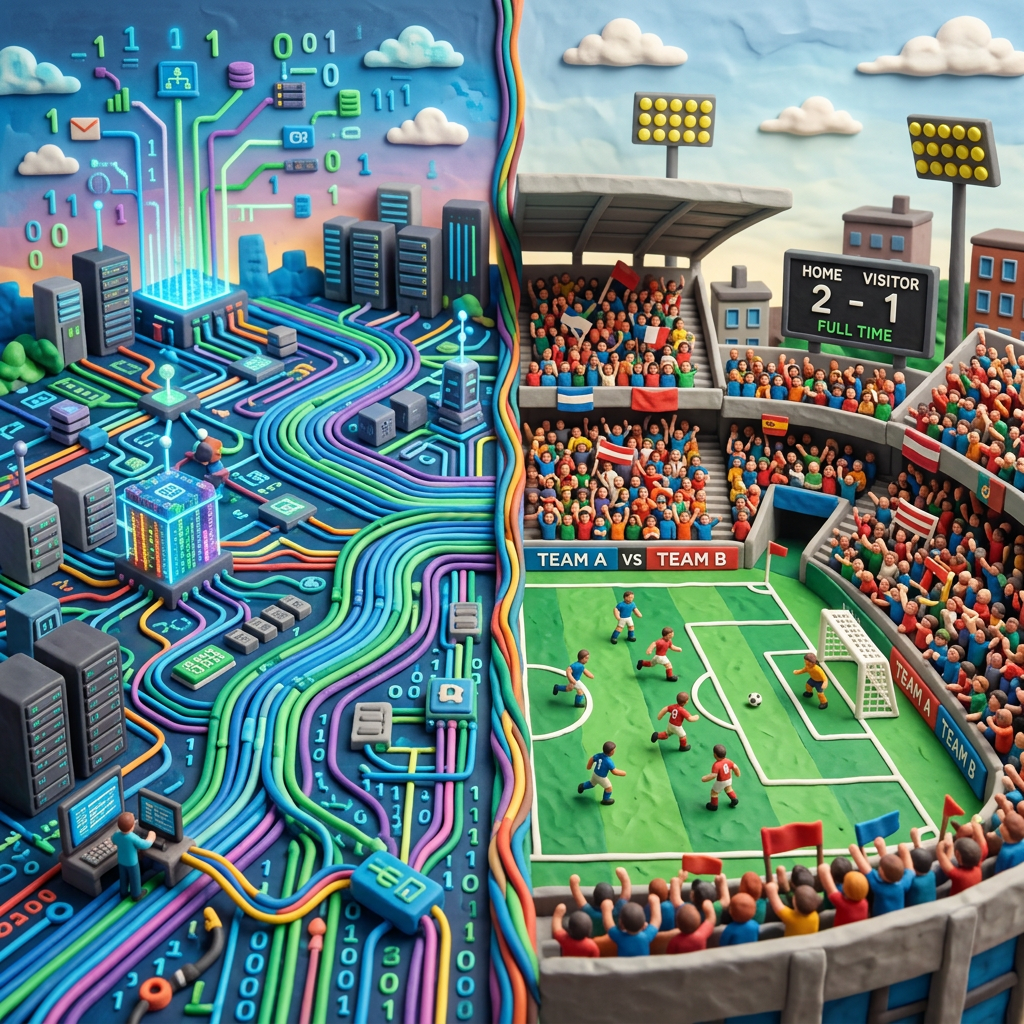 Digital data streams and circuits on the left, soccer match with players and spectators on the right