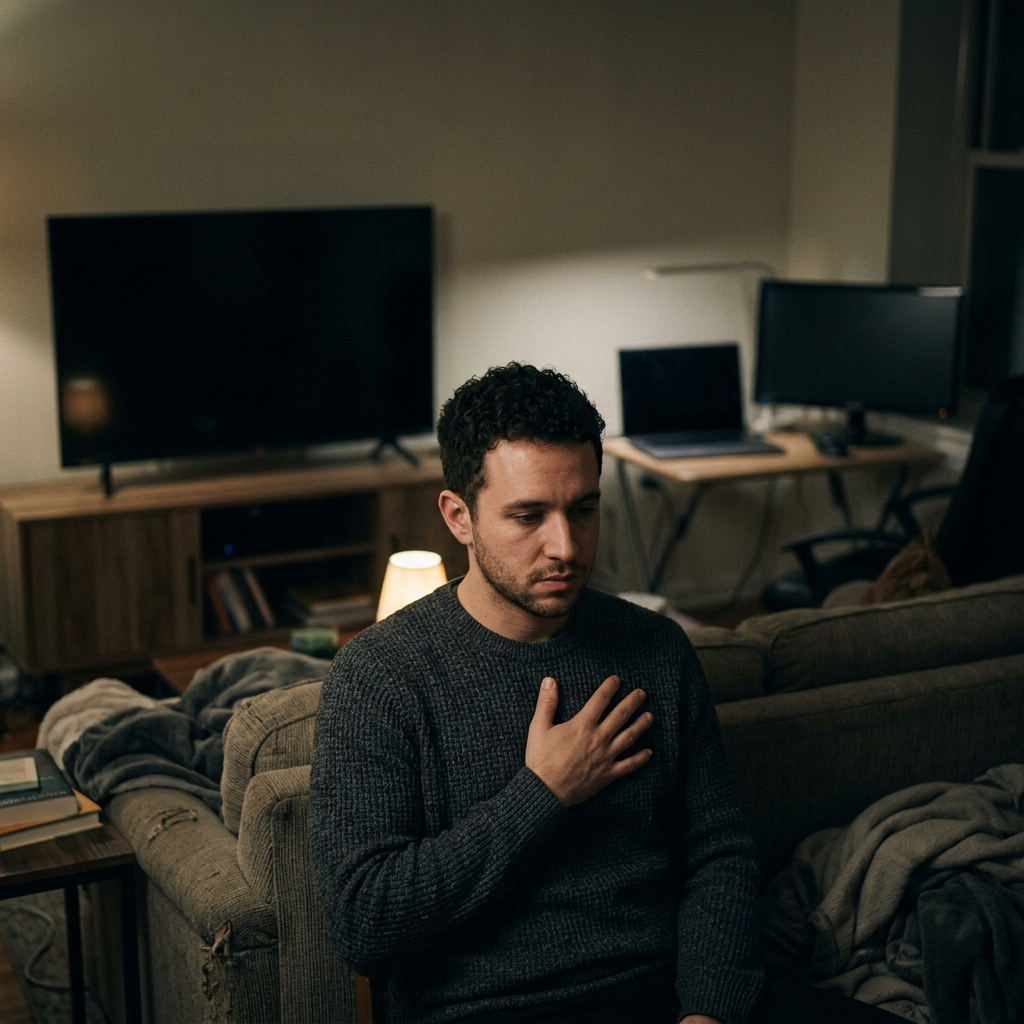 Man sitting on a couch with hand on chest looking concerned indoors