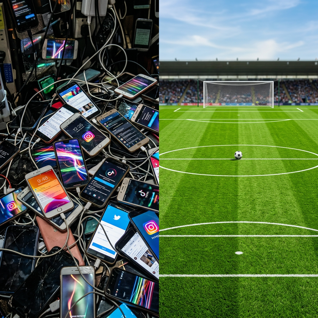 Multiple smartphones connected with cables on the left and a soccer ball in front of a goal on a green field on the right