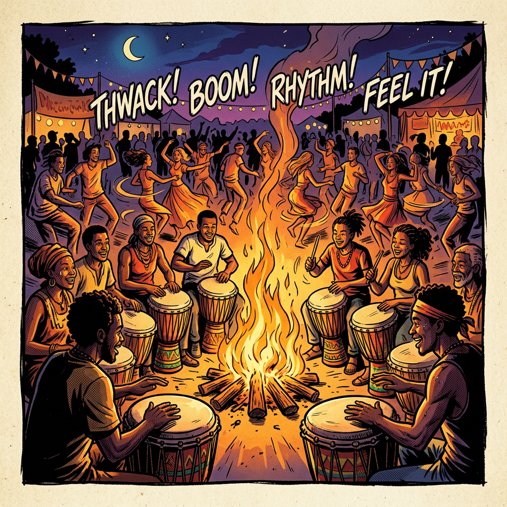 Group of people playing drums around a bonfire with others dancing