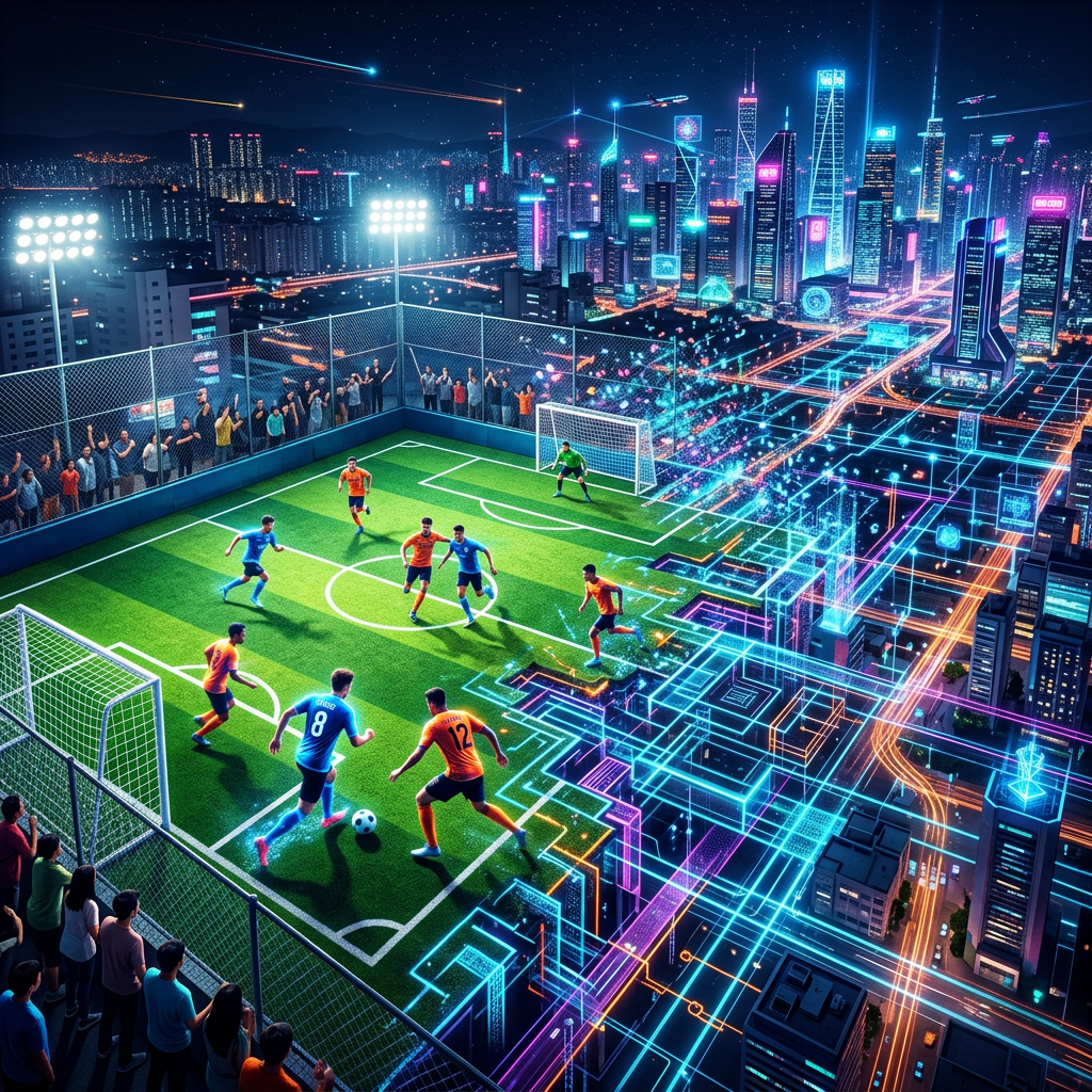Rooftop soccer game with players and digital neon city integration