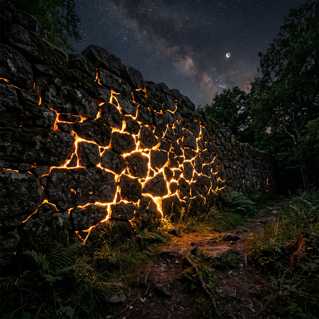 Stone wall with glowing orange cracks under a night sky with stars and crescent moon