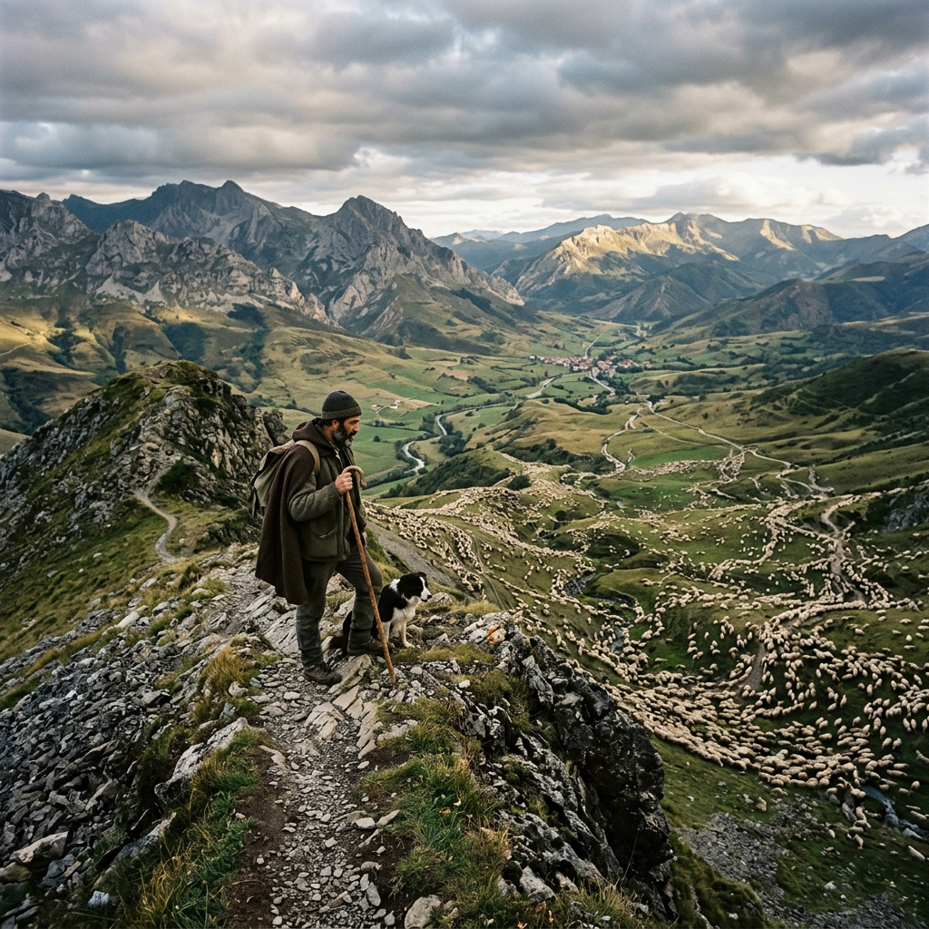 Shepherd with walking stick and dog overlooking flock in green mountain valley
