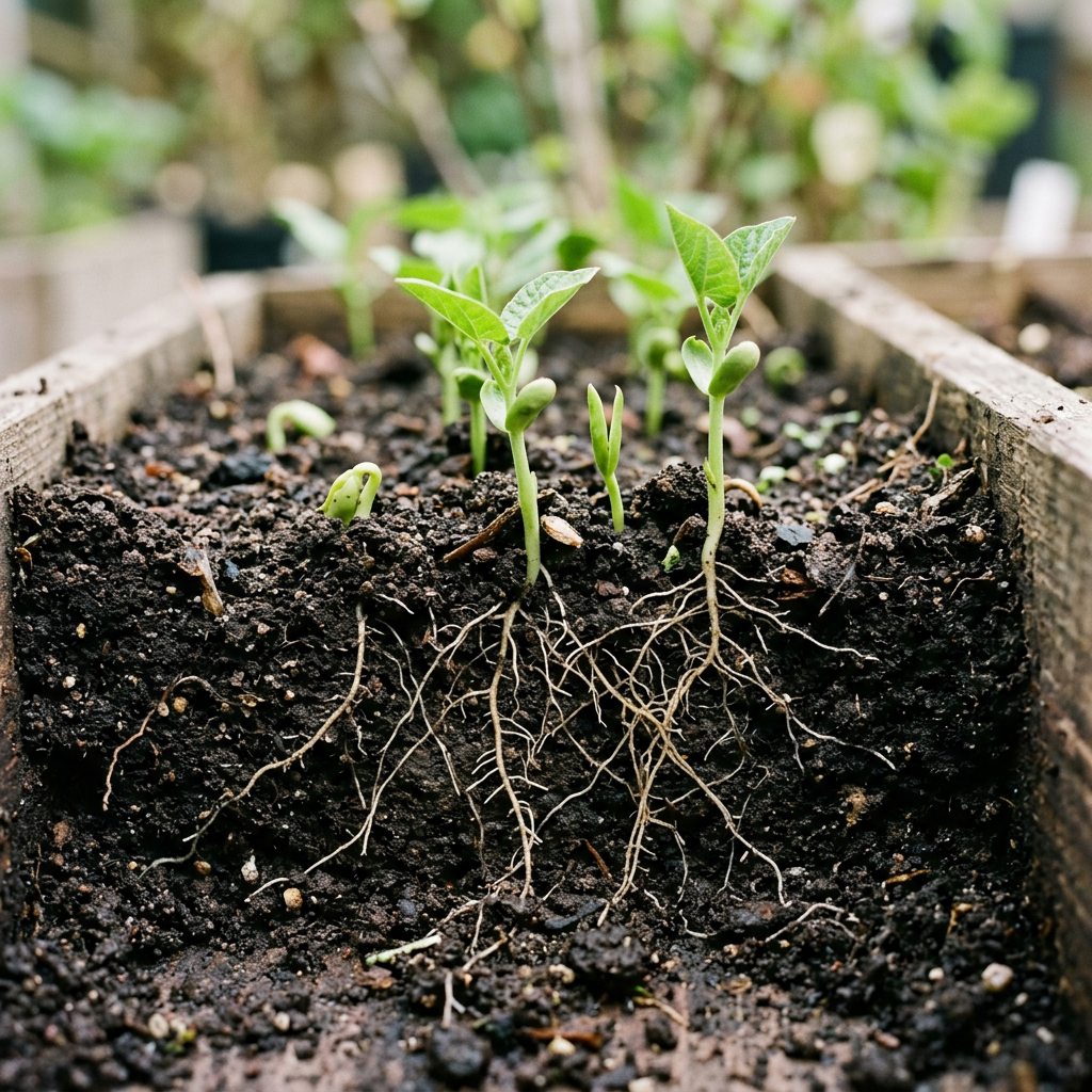Young green seedlings emerging from soil with visible roots beneath.
