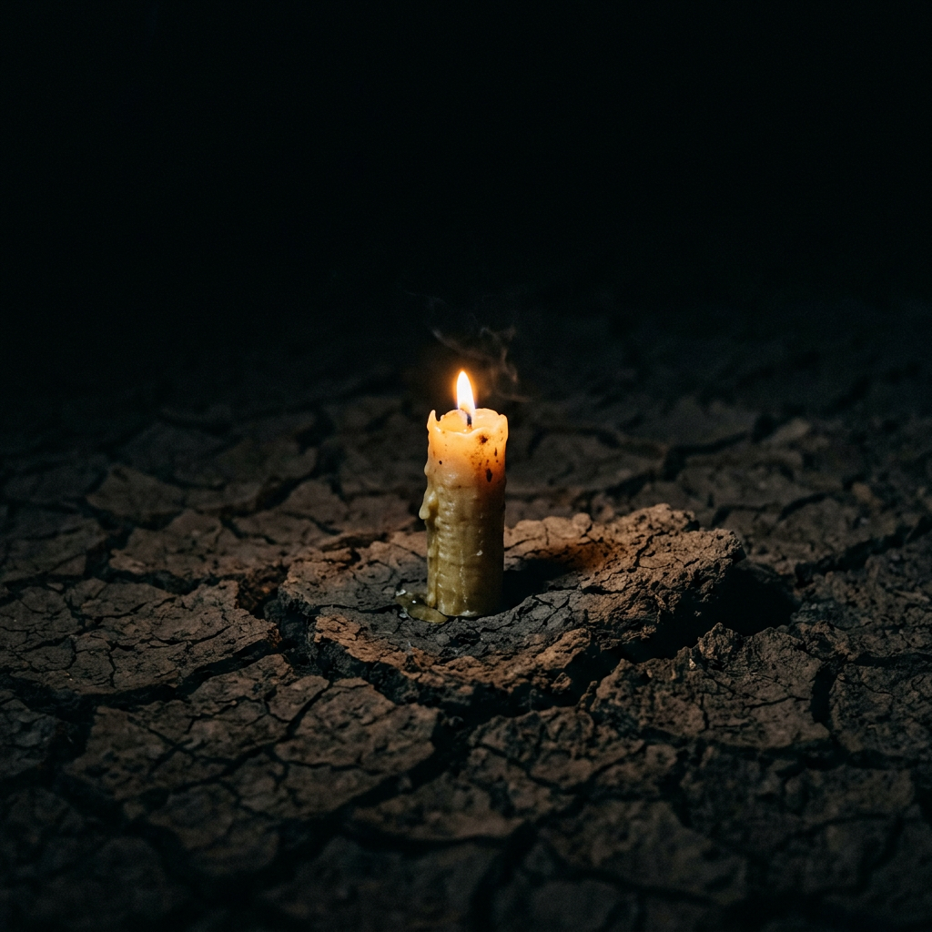 Lit candle standing on cracked, dry earth in dark surroundings