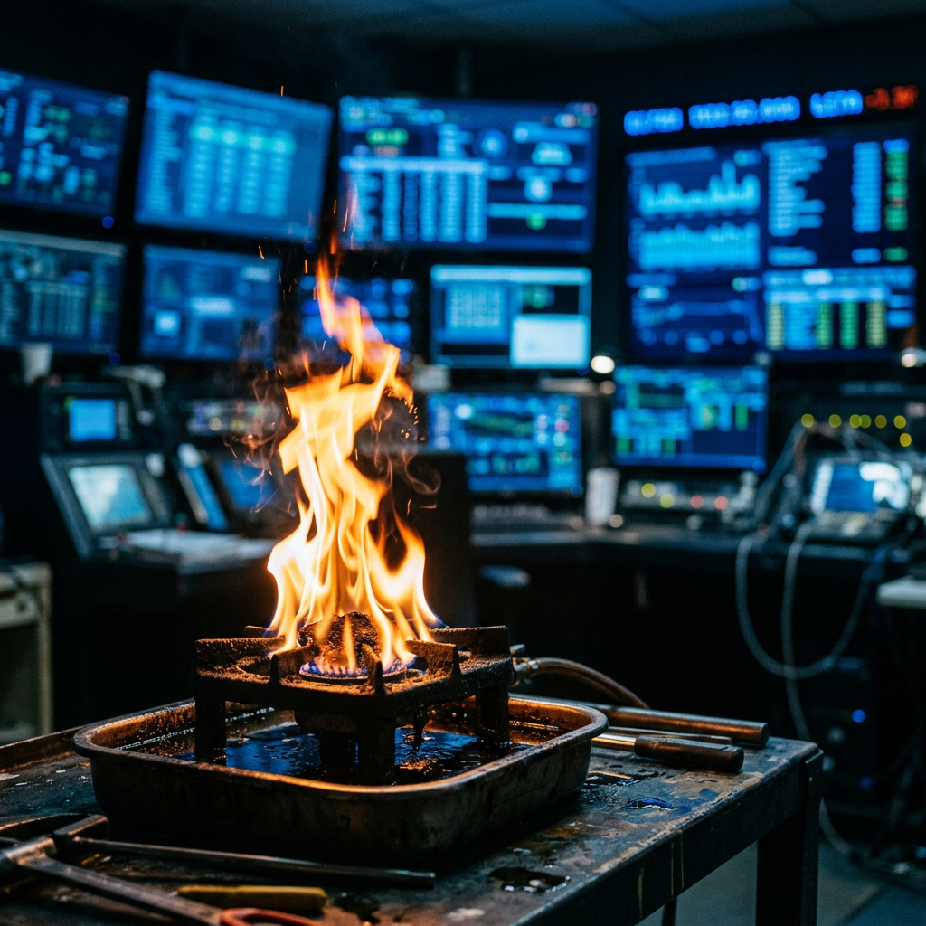 Gas burner with flame on a table in front of multiple computer monitors displaying financial data