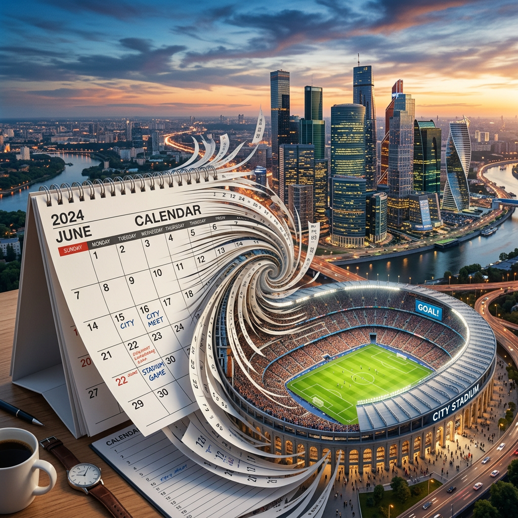 June 2024 calendar with spiral pages blending into a soccer stadium and city skyline at dusk