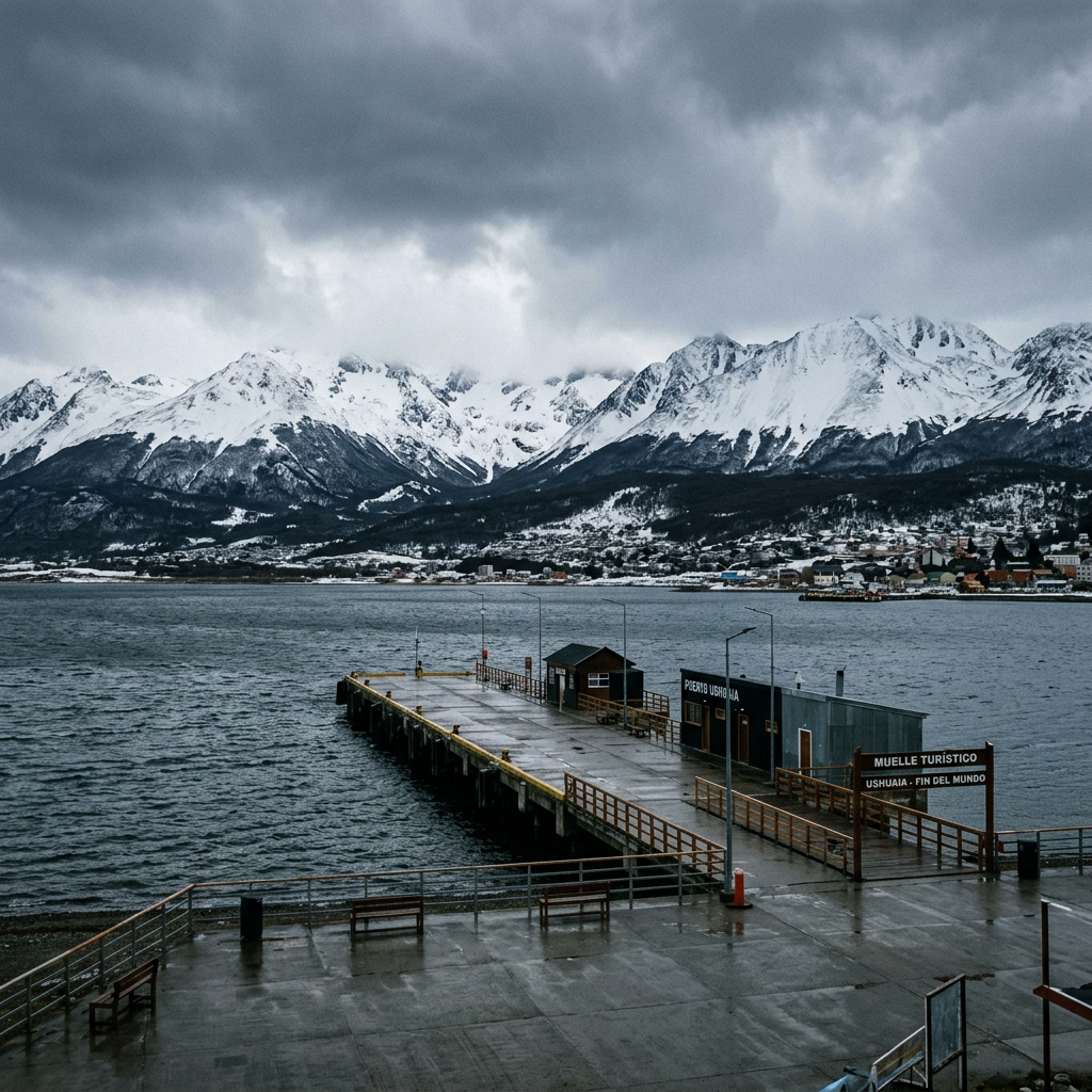 Pier labeled Muelle Turístico in Ushuaia with snow-covered mountains and cloudy sky