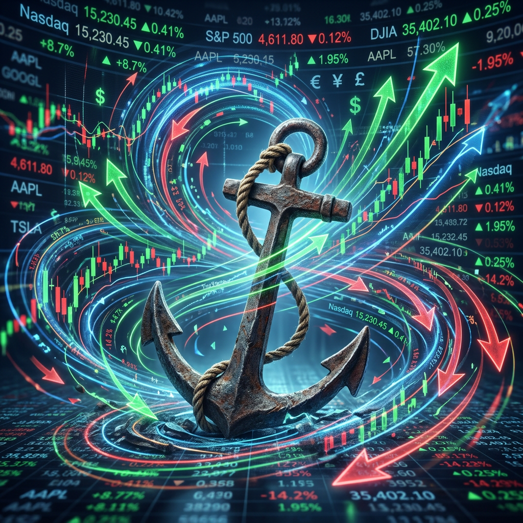 Rusty anchor surrounded by swirling stock market graphs with green and red arrows