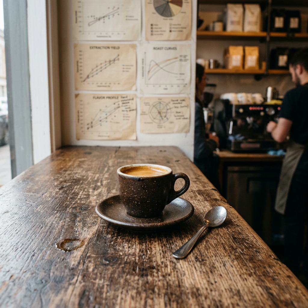 Espresso cup on rustic wooden table with spoon in a coffee shop