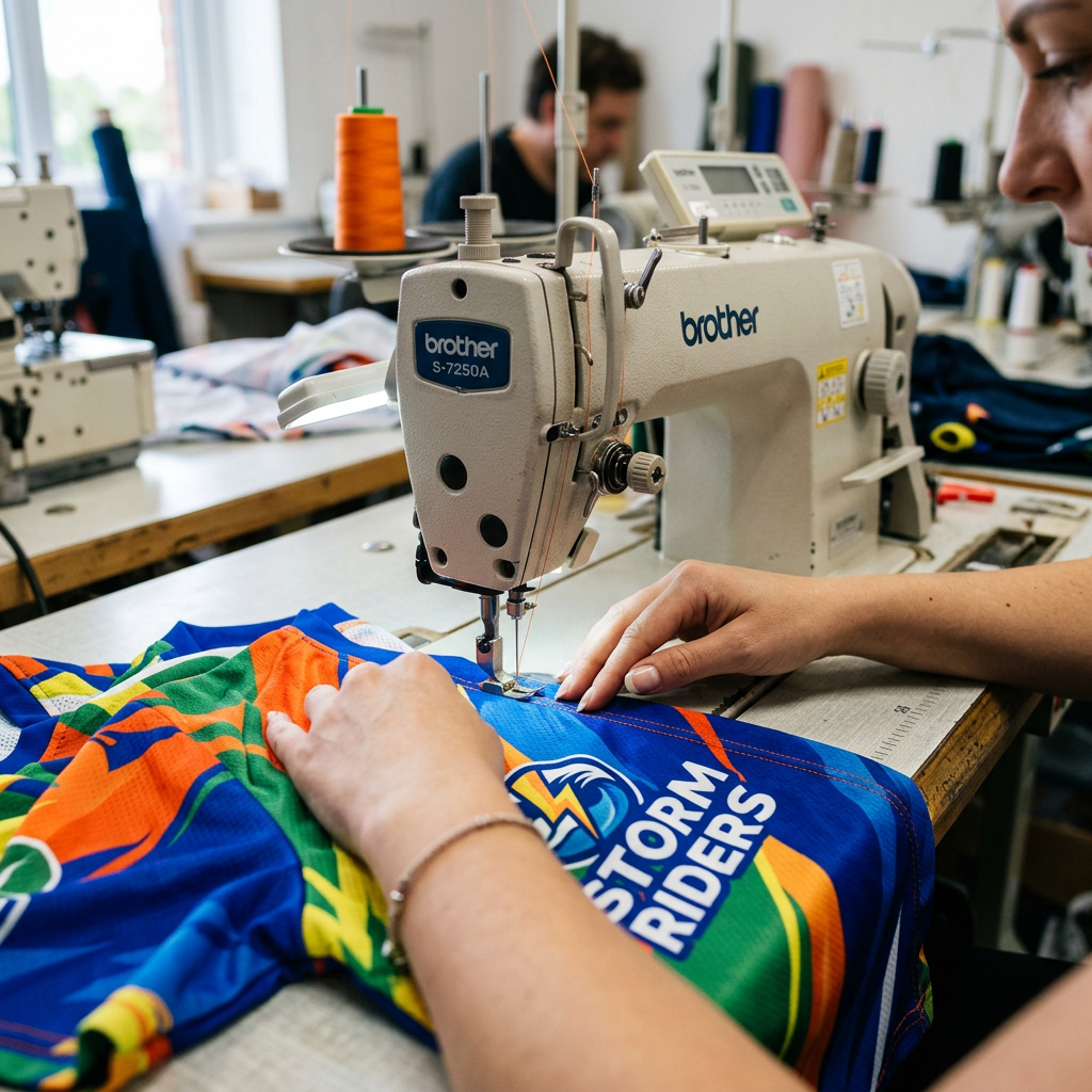 Hands stitching colorful Storm Riders sports jersey with industrial sewing machine