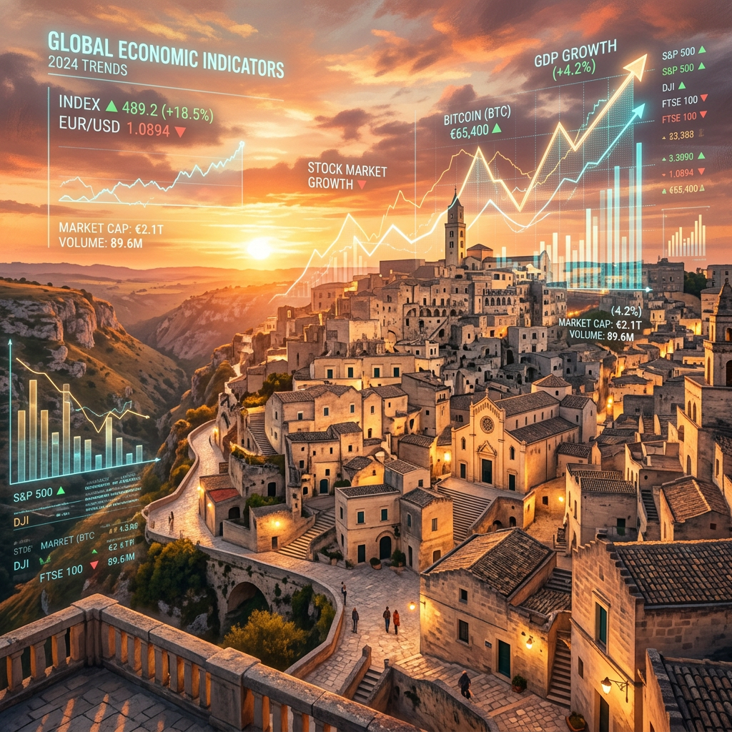 Historic hill town under sunset with overlaid global economic indicators and stock market graphs