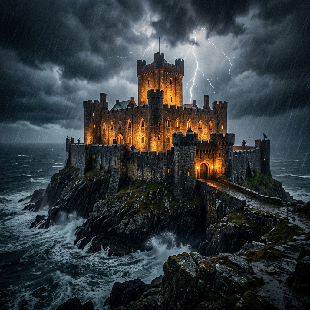 Medieval stone castle on rocky coast with lightning and rain at night