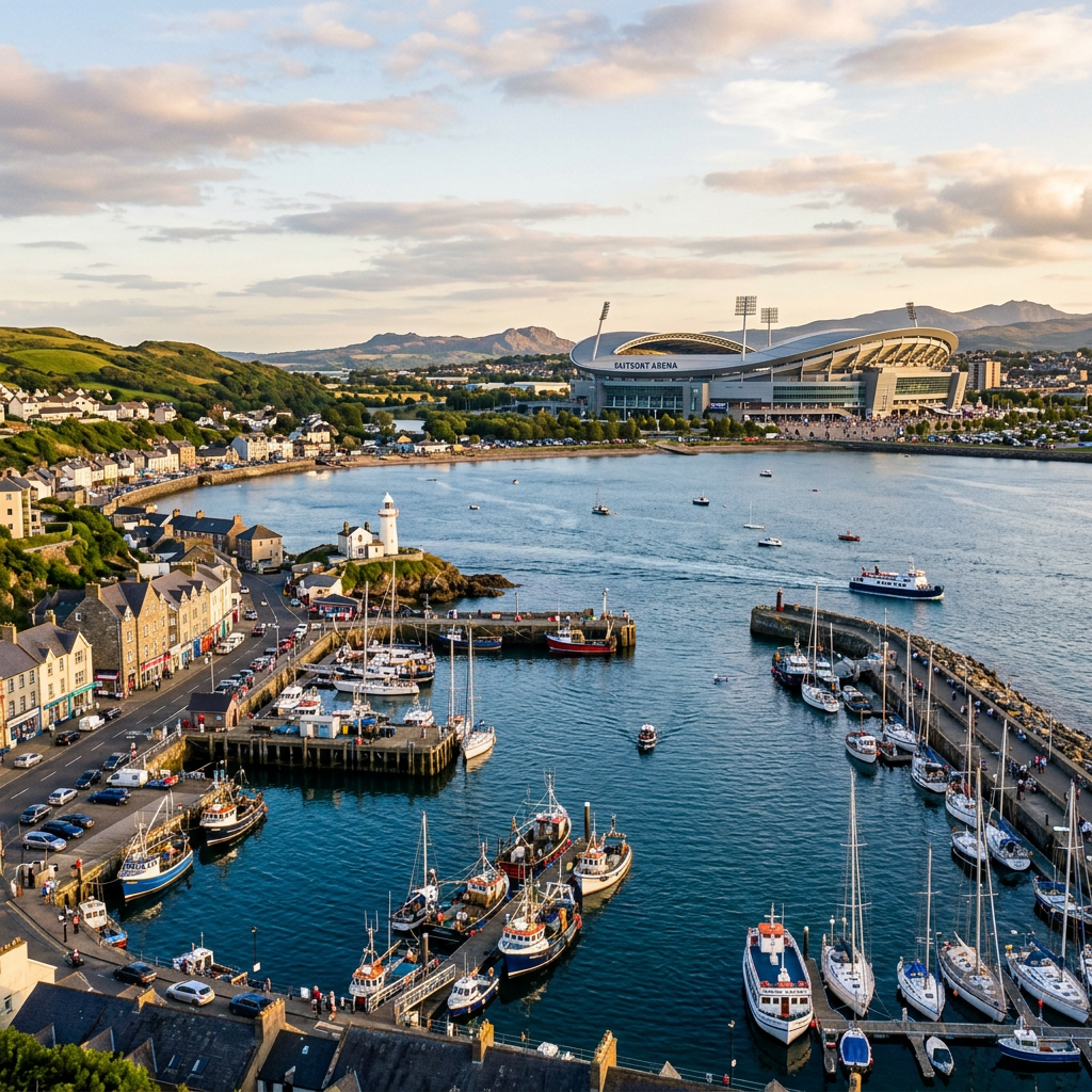 Harbor with boats, lighthouse, houses, and Dattisont Arena stadium in background