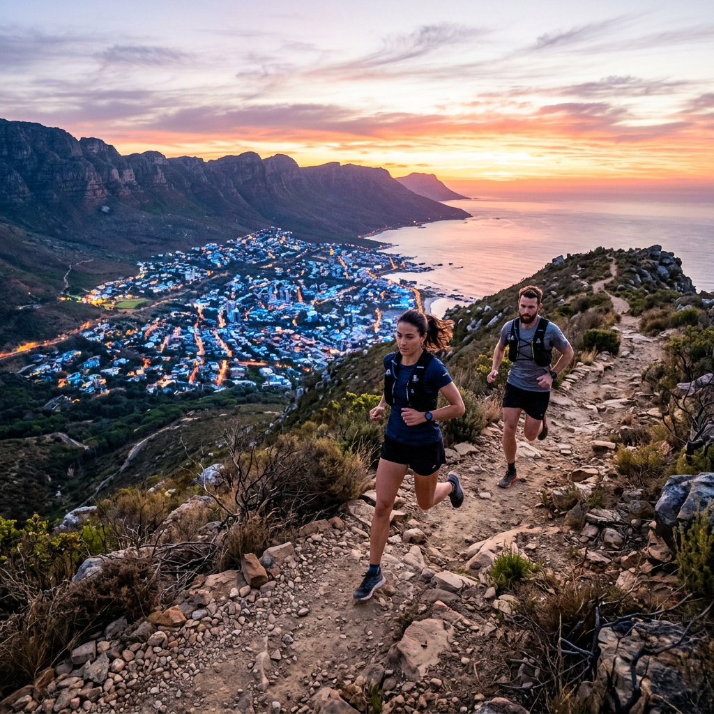 Two people trail running on rocky path above coastal town with sunset sky