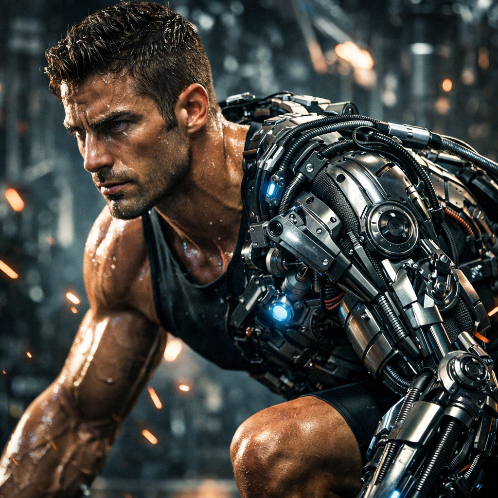 Muscular man with a high-tech robotic arm crouching in a futuristic industrial environment with sparks flying