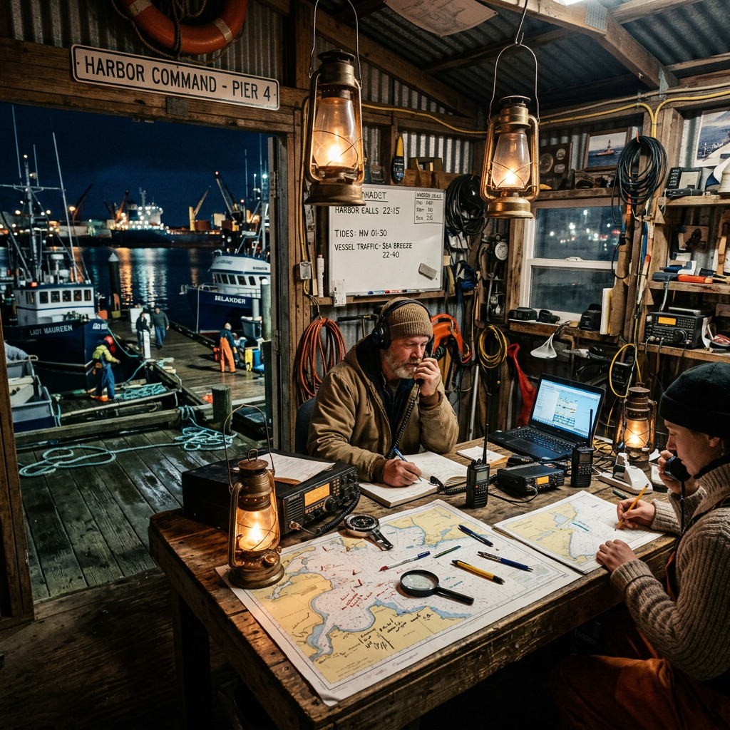 Two harbor operators at a wooden table with maps, radios, and lanterns inside a harbor command shack at night