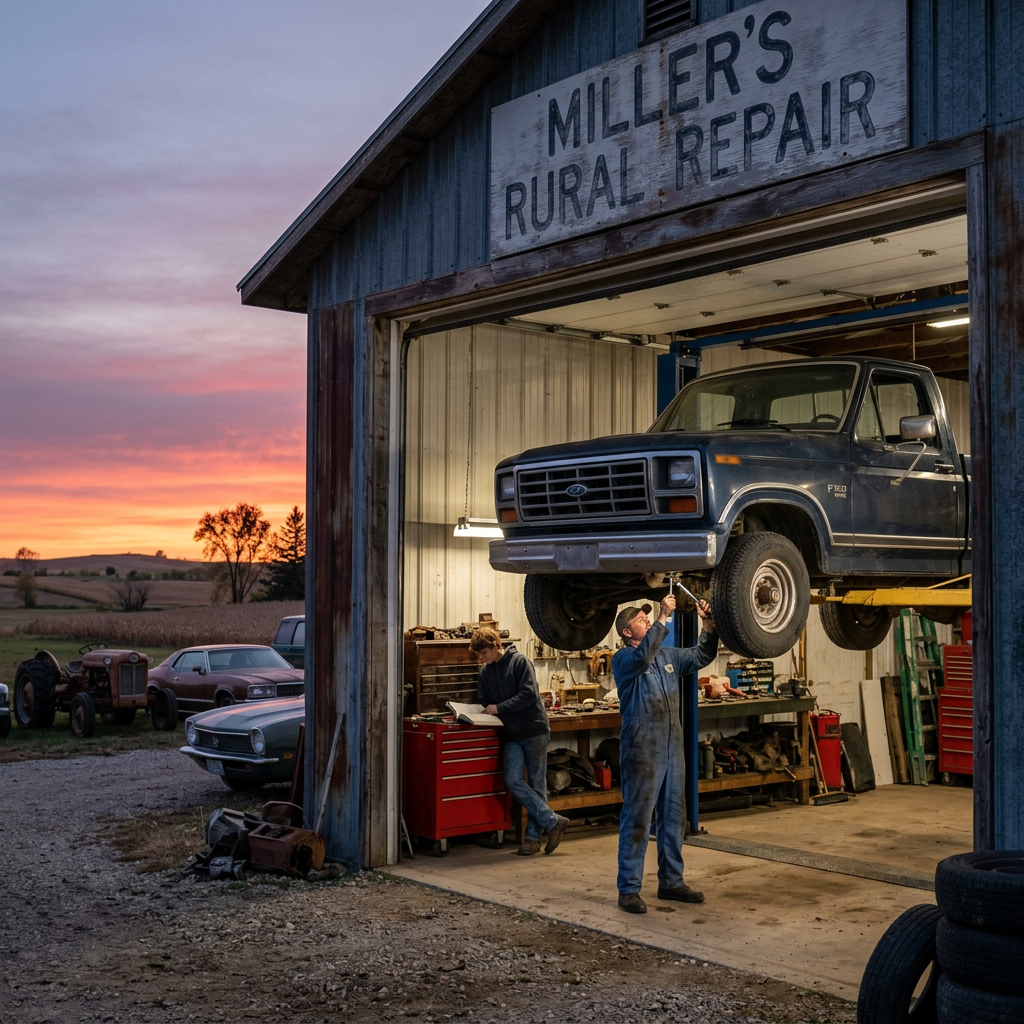Mechanic working on lifted truck in rural repair shop at sunset