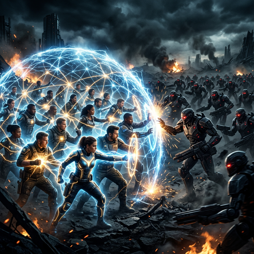 Group of armed heroes protected by glowing energy shield fighting robotic soldiers