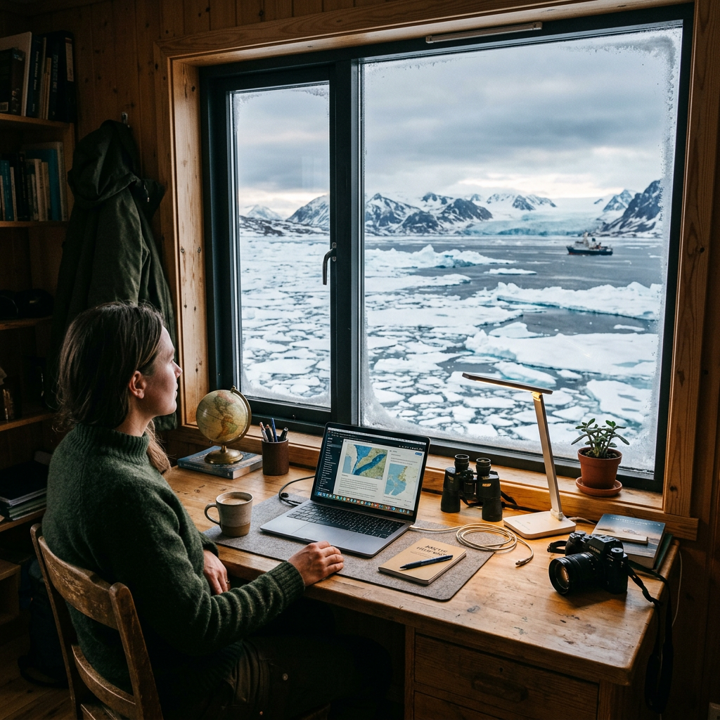 Person sitting at a wooden desk with laptop overlooking frozen sea and snowy mountains