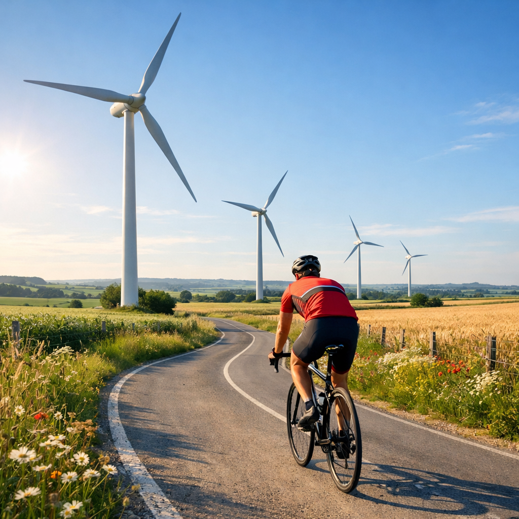 Cyclist riding on a rural road with wind turbines in the background under clear blue sky
