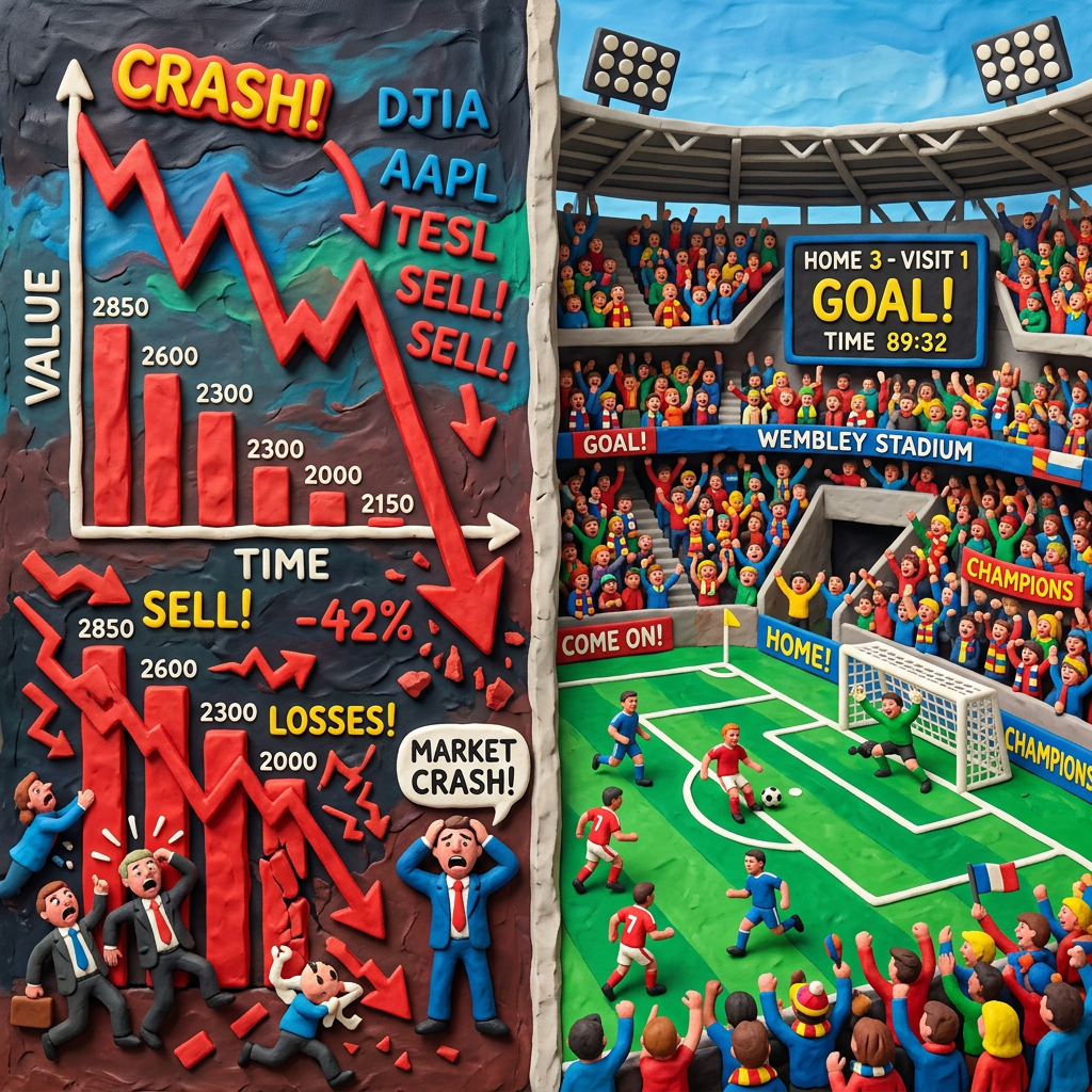 Stock market crash graph with panicked investors next to a lively soccer match goal celebration at Wembley Stadium.