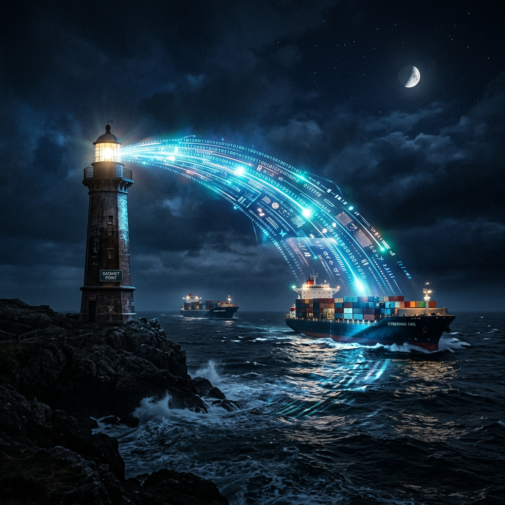 Lighthouse sending glowing digital data beams to cargo ship on ocean at night