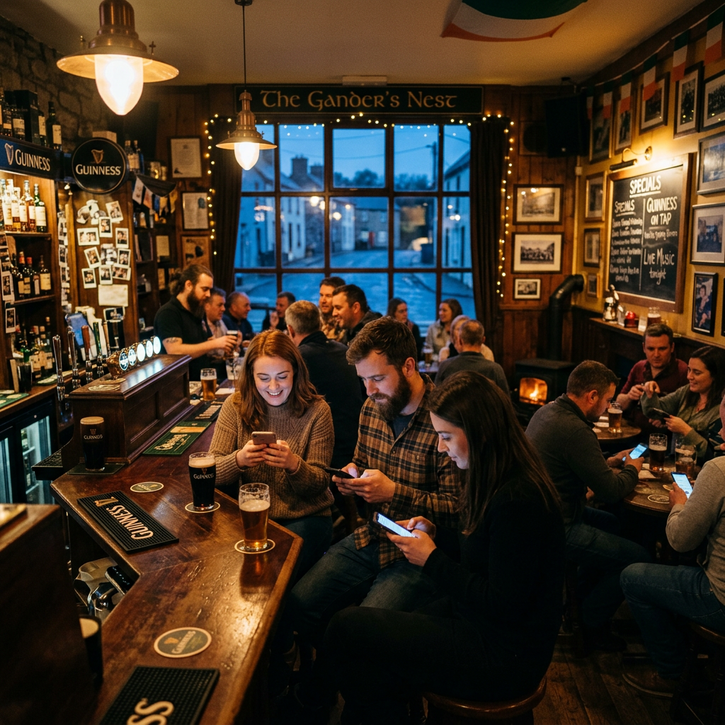 People socializing and using phones inside a warm Irish pub with wooden interiors and Guinness signs