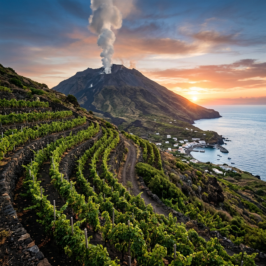 Terraced green vineyards on volcanic soil with a smoking volcano and coastal village at sunset