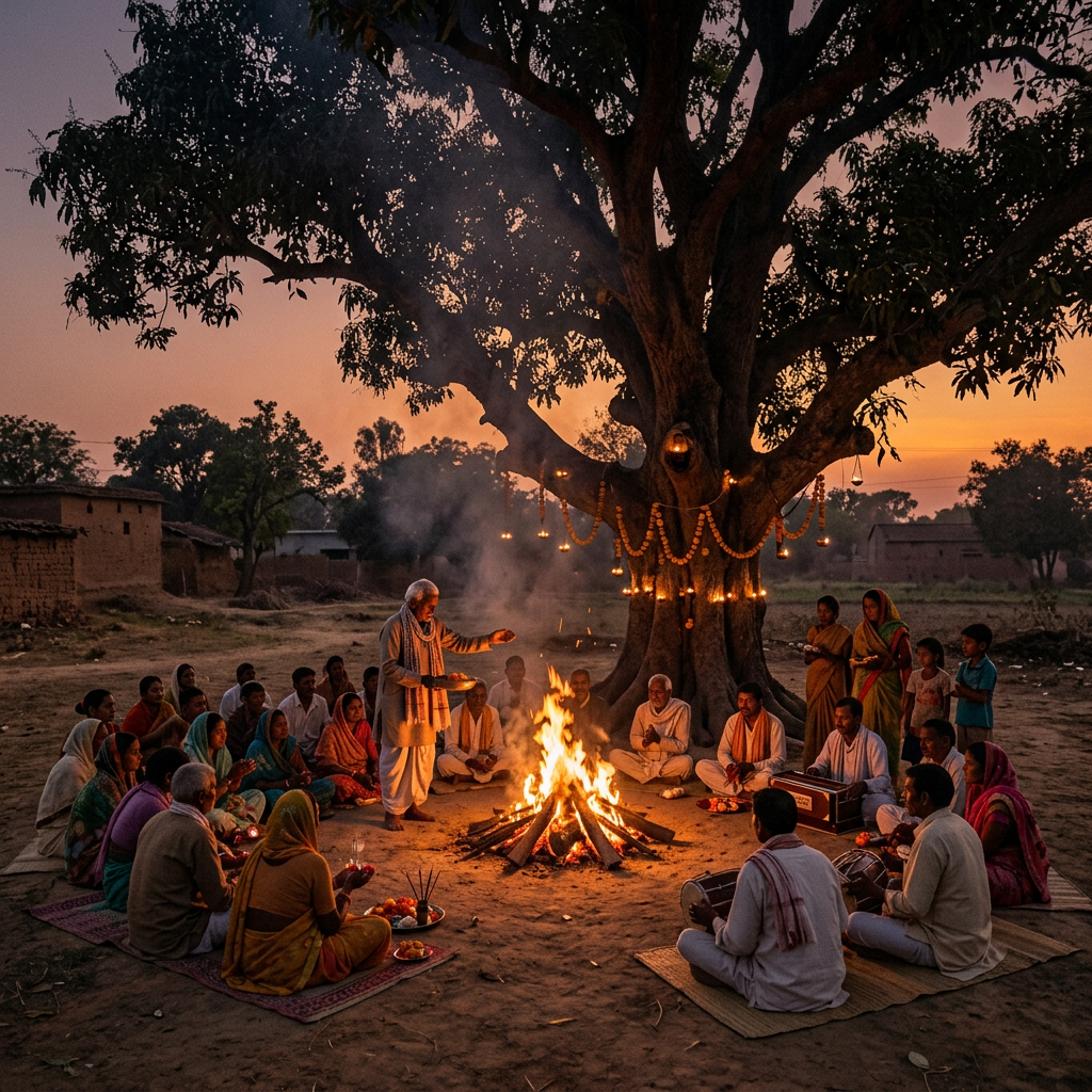 Village people sitting in a circle around a bonfire performing a ritual under a decorated tree