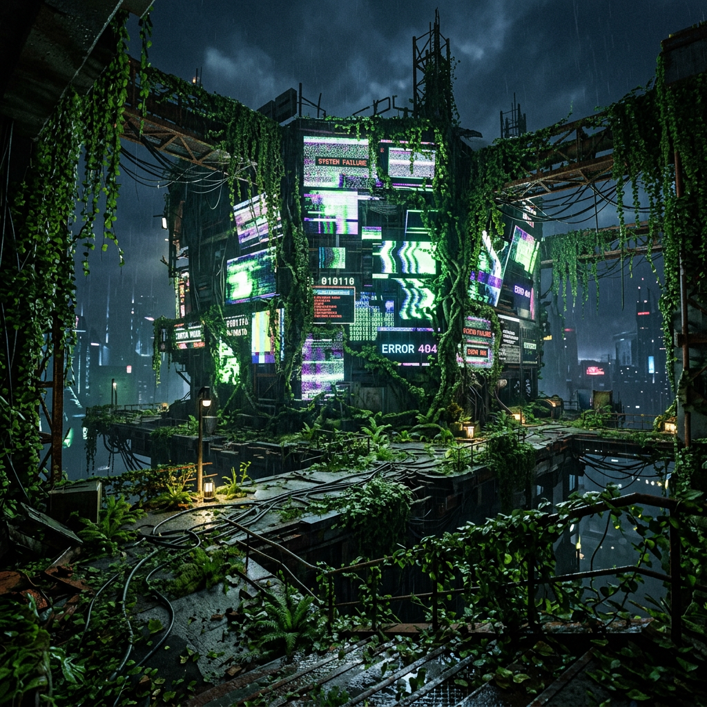 Ruined cyberpunk building overgrown with plants, showing multiple error message screens.