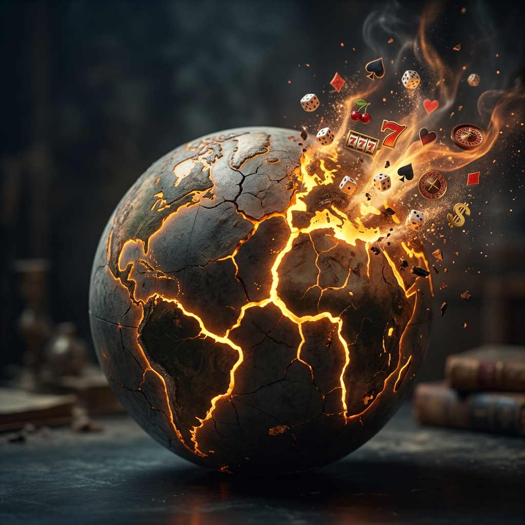 Globe with glowing cracks and floating casino symbols like dice, cards, and slot machine
