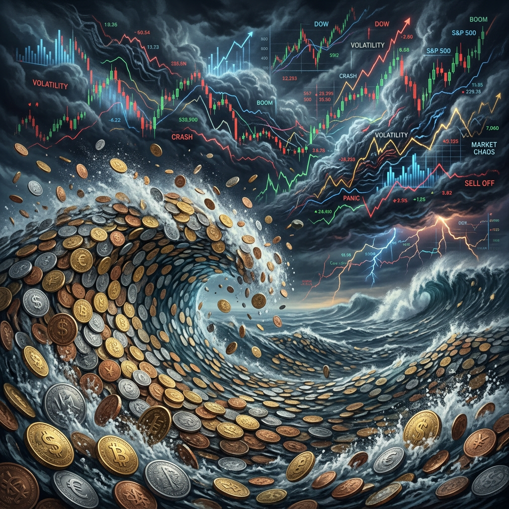 Large ocean wave formed by various global currency coins with volatile stock market charts in stormy sky