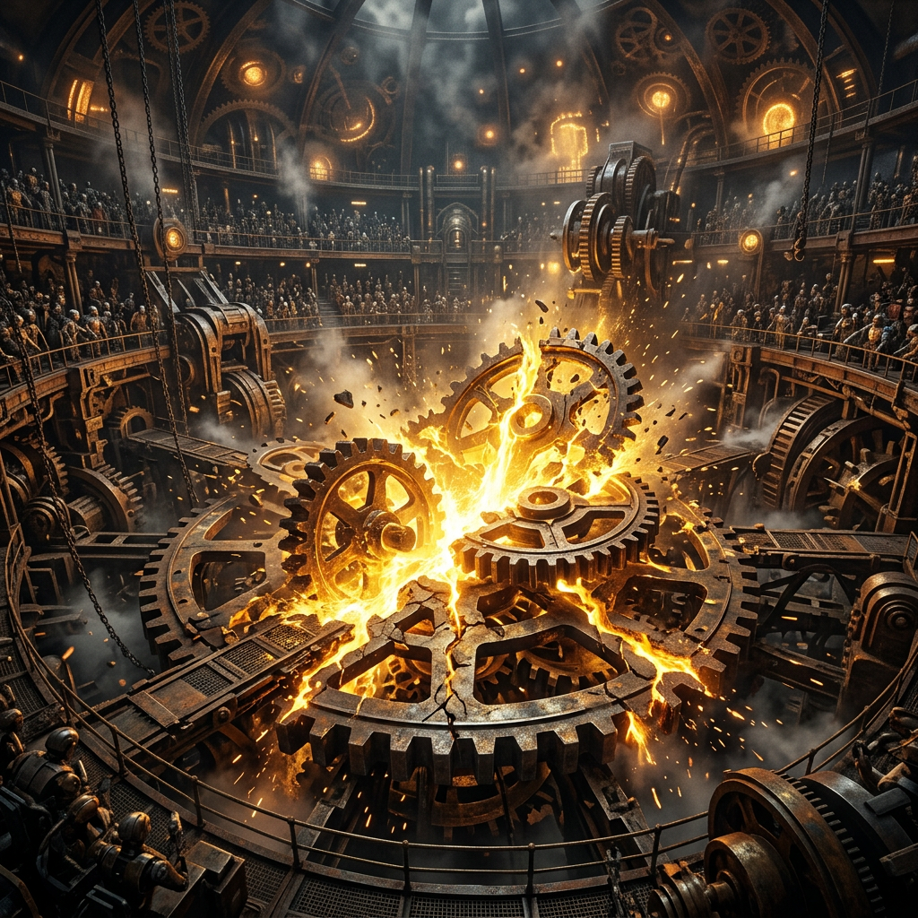 Large interlocking metal gears cracking and glowing with molten metal in a steampunk-style industrial arena
