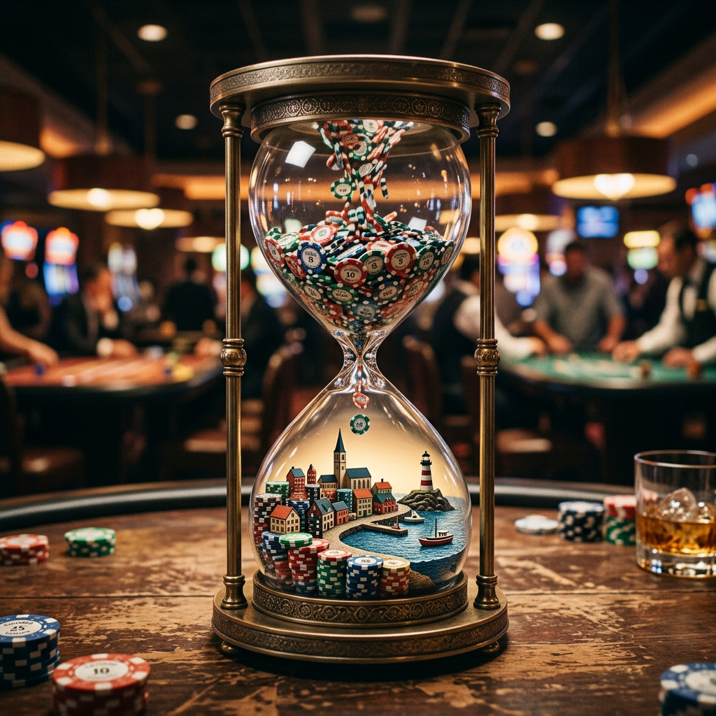 Hourglass with casino chips in top chamber flowing into a miniature coastal town with buildings, water, and boats in the bottom chamber