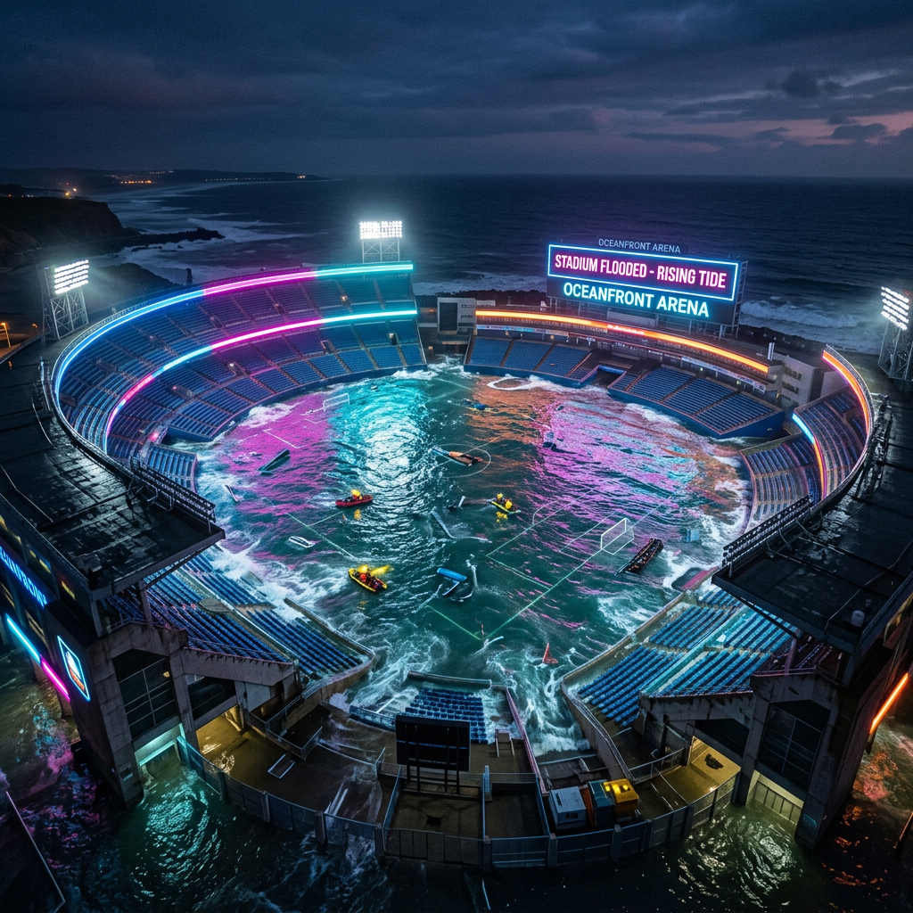 Oceanfront stadium flooded with rising tide and boats inside playing field