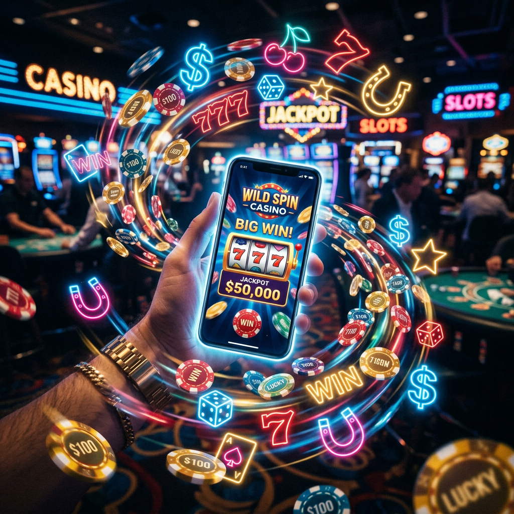 Mobile phone showing casino slot machine jackpot win of $50,000 surrounded by colorful casino chips and symbols