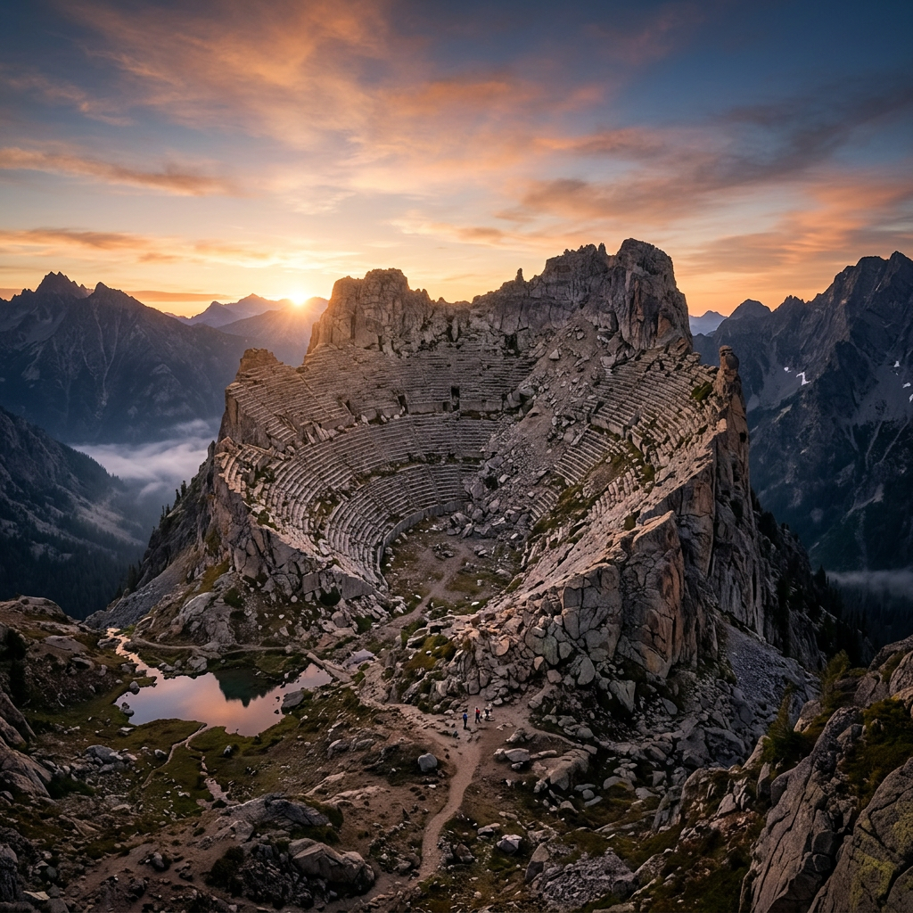 Ancient stone amphitheater carved into rocky mountain terrain at sunset