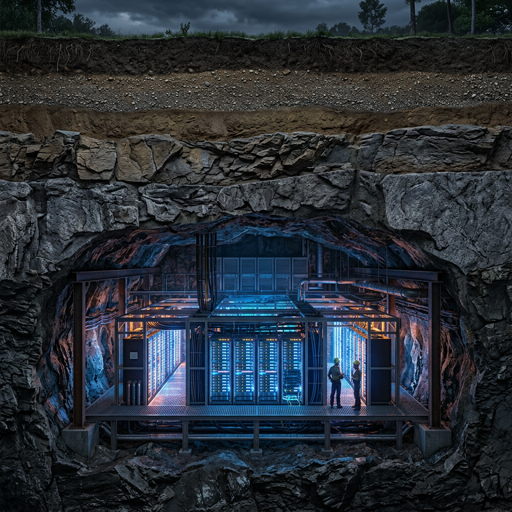 Underground data center with server racks and two technicians inside a rocky cave
