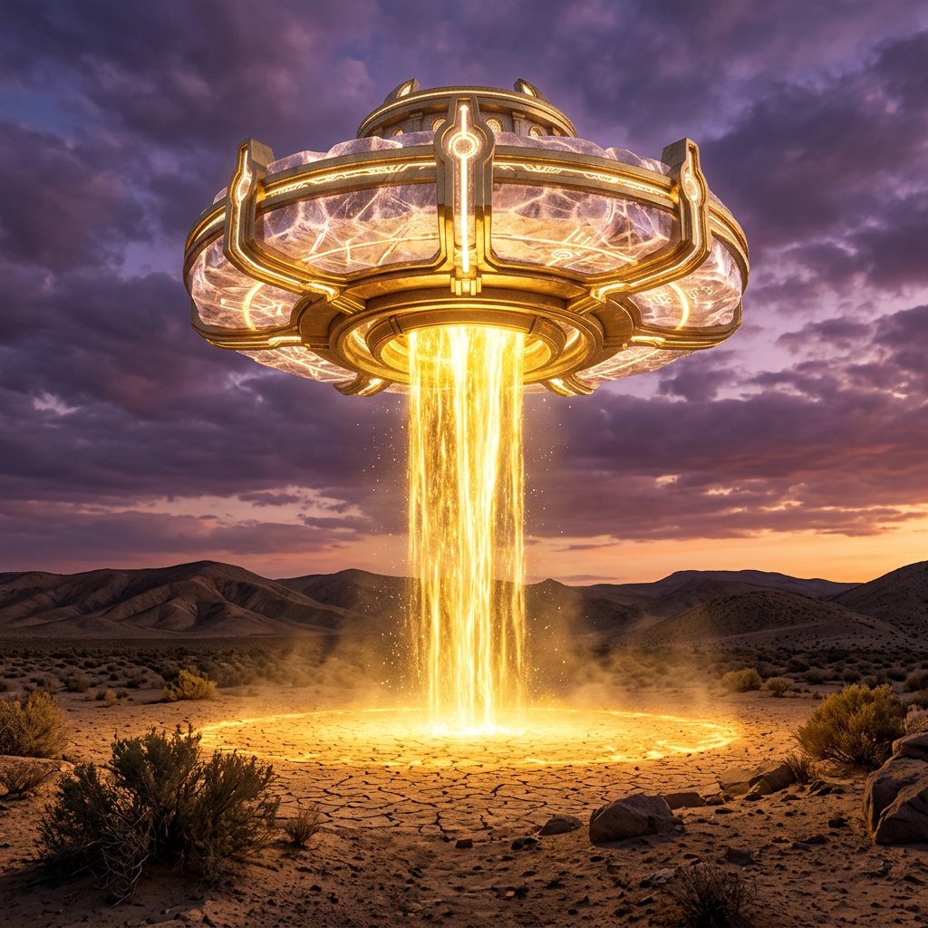 Futuristic hovering device emitting a bright golden energy beam onto desert ground