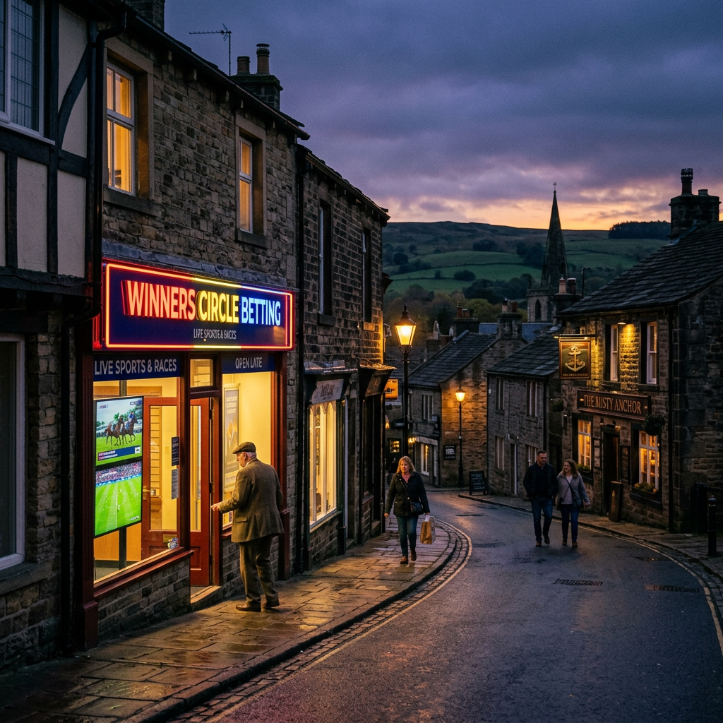 Village street at dusk with people walking by a betting shop and pub