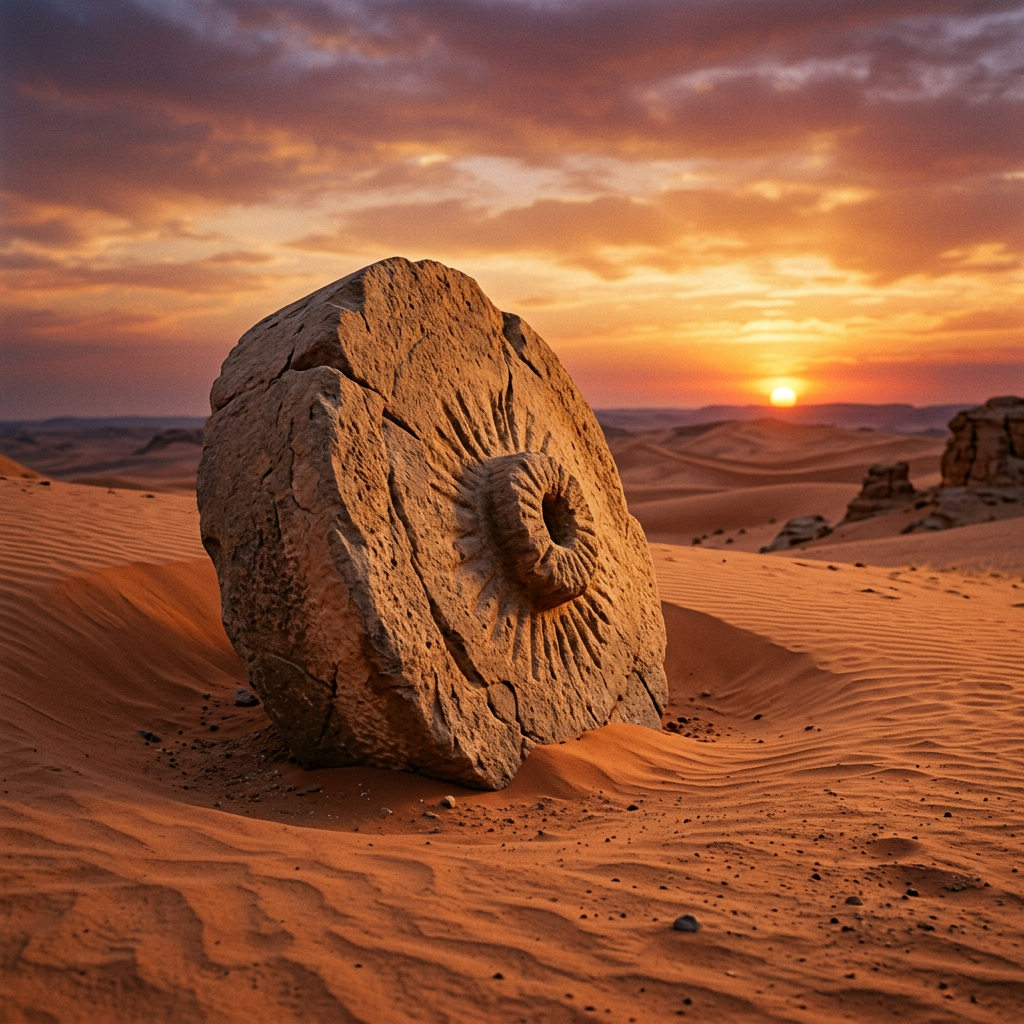 Large ammonite fossil partially buried in desert sand during sunset