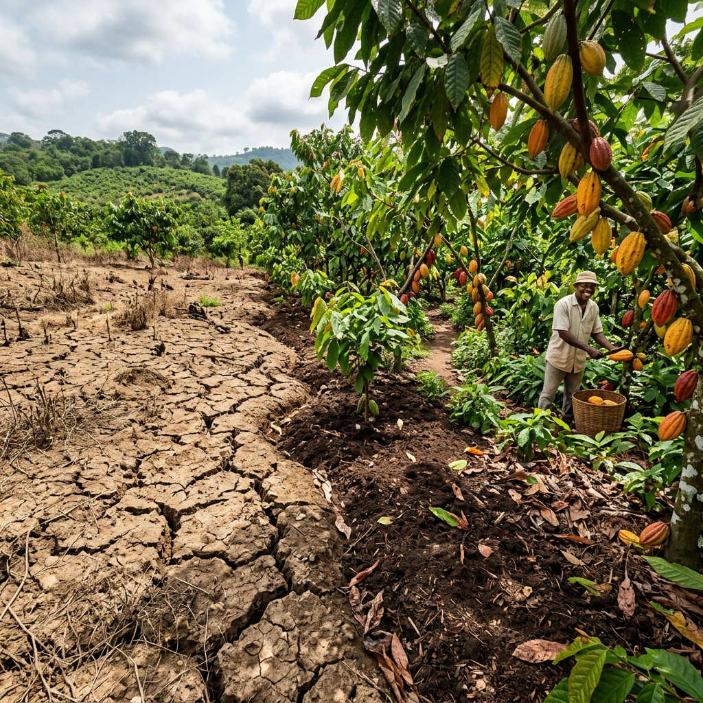 Dry cracked soil next to healthy cocoa trees with ripe pods and a smiling farmer harvesting them