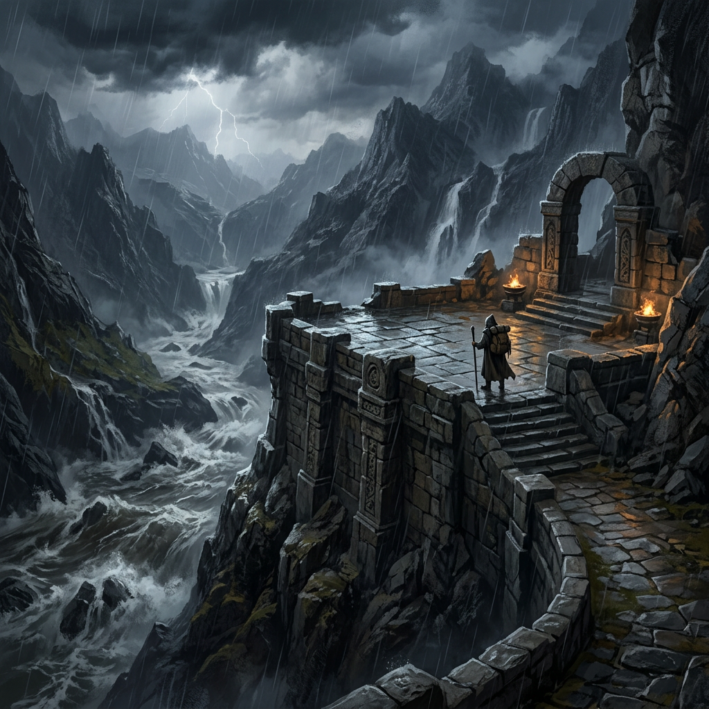 Traveler standing on stone platform of mountain fortress in stormy weather with lightning
