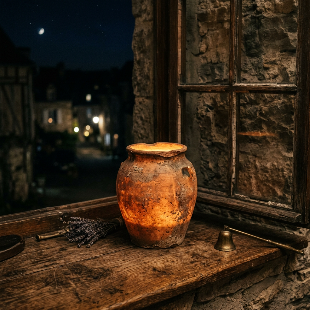 Glowing rustic clay pot on wooden windowsill with dried lavender and brass bell