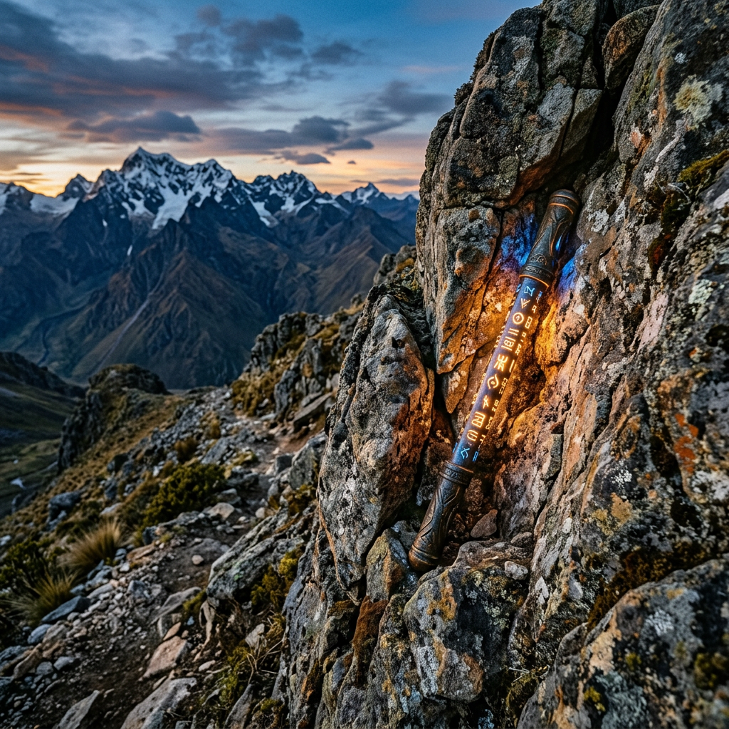 Glowing wand with runes lodged in rocky mountain terrain at sunset