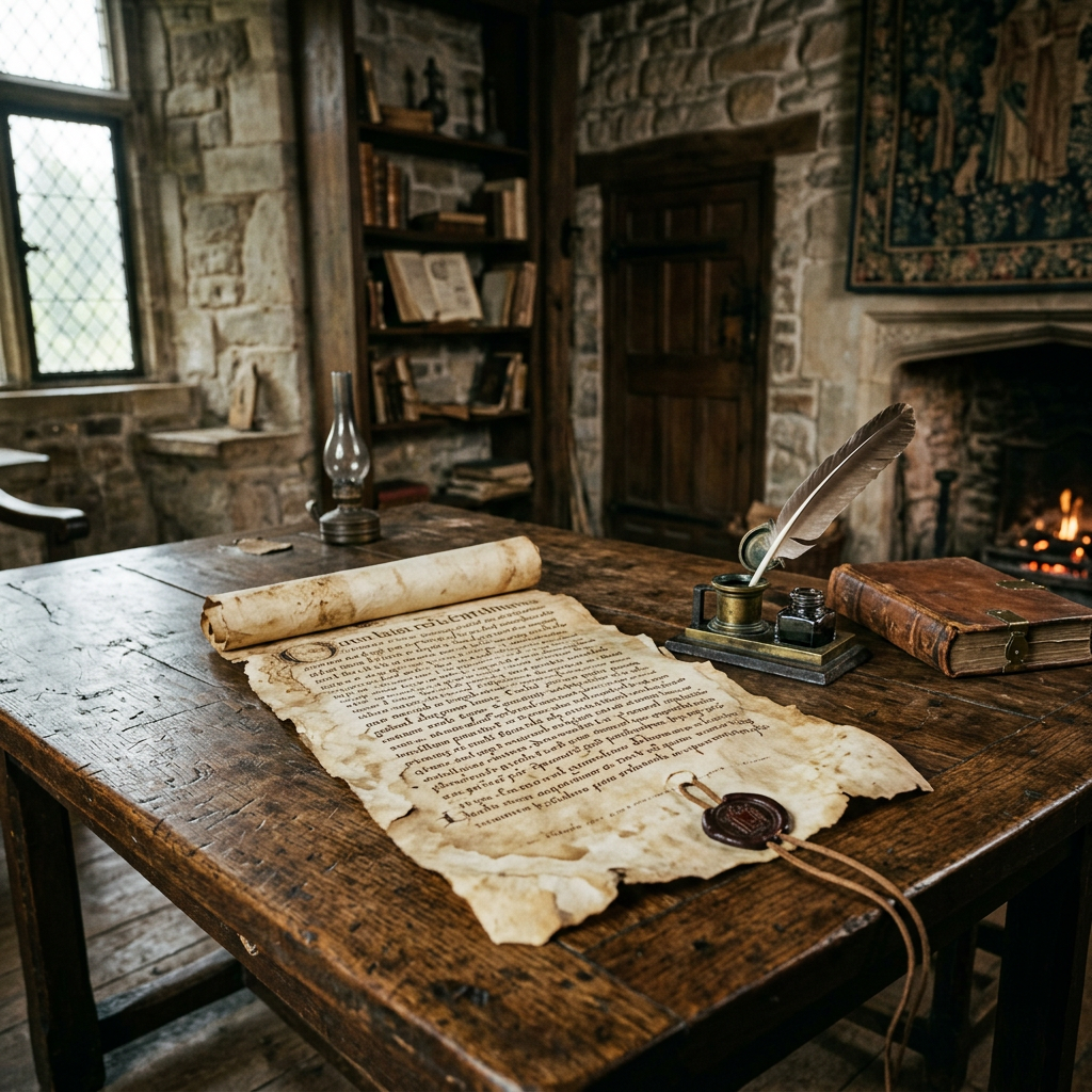 Old parchment document with wax seal and quill on wooden desk in historic room