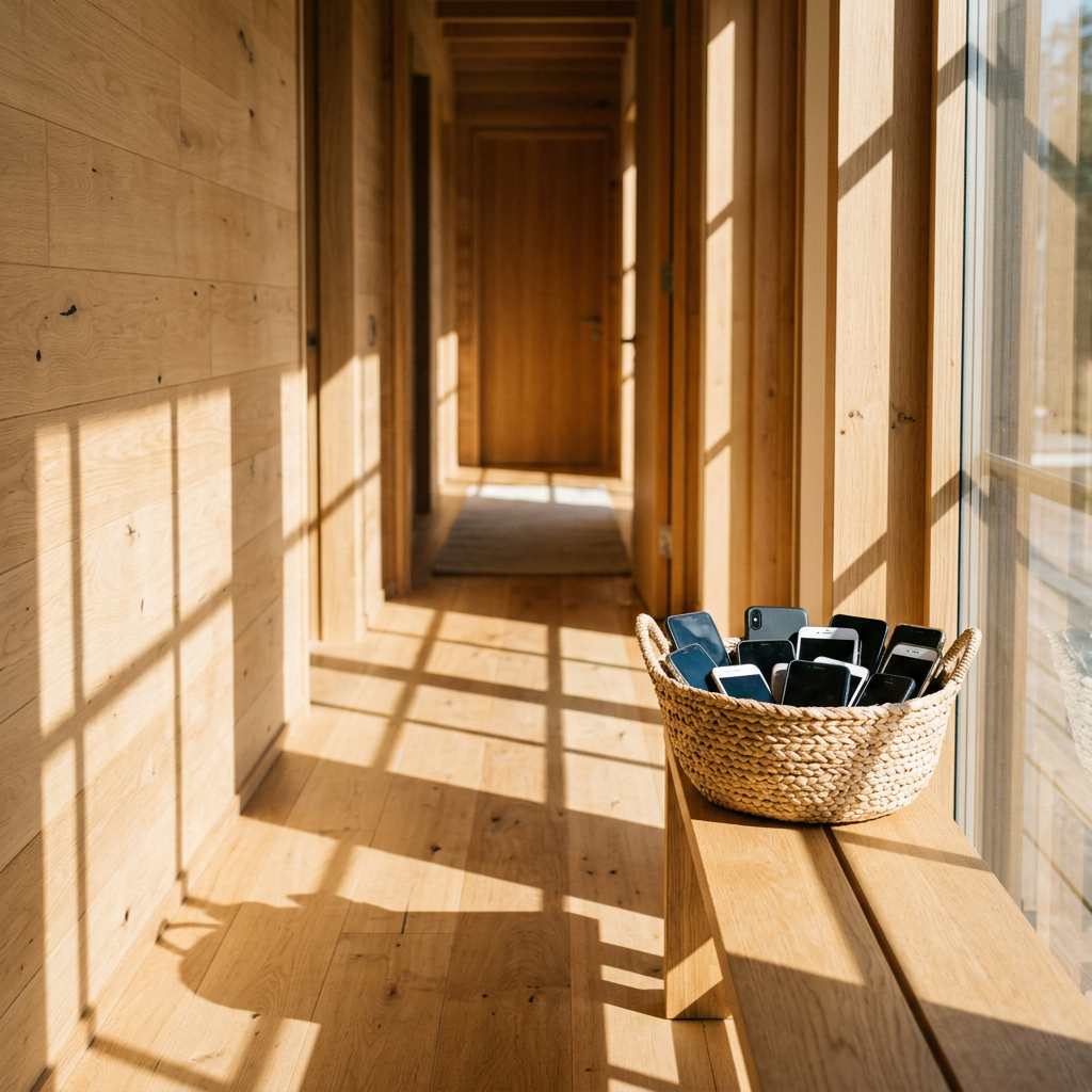 Woven basket containing multiple smartphones placed on a wooden bench in a sunlit hallway