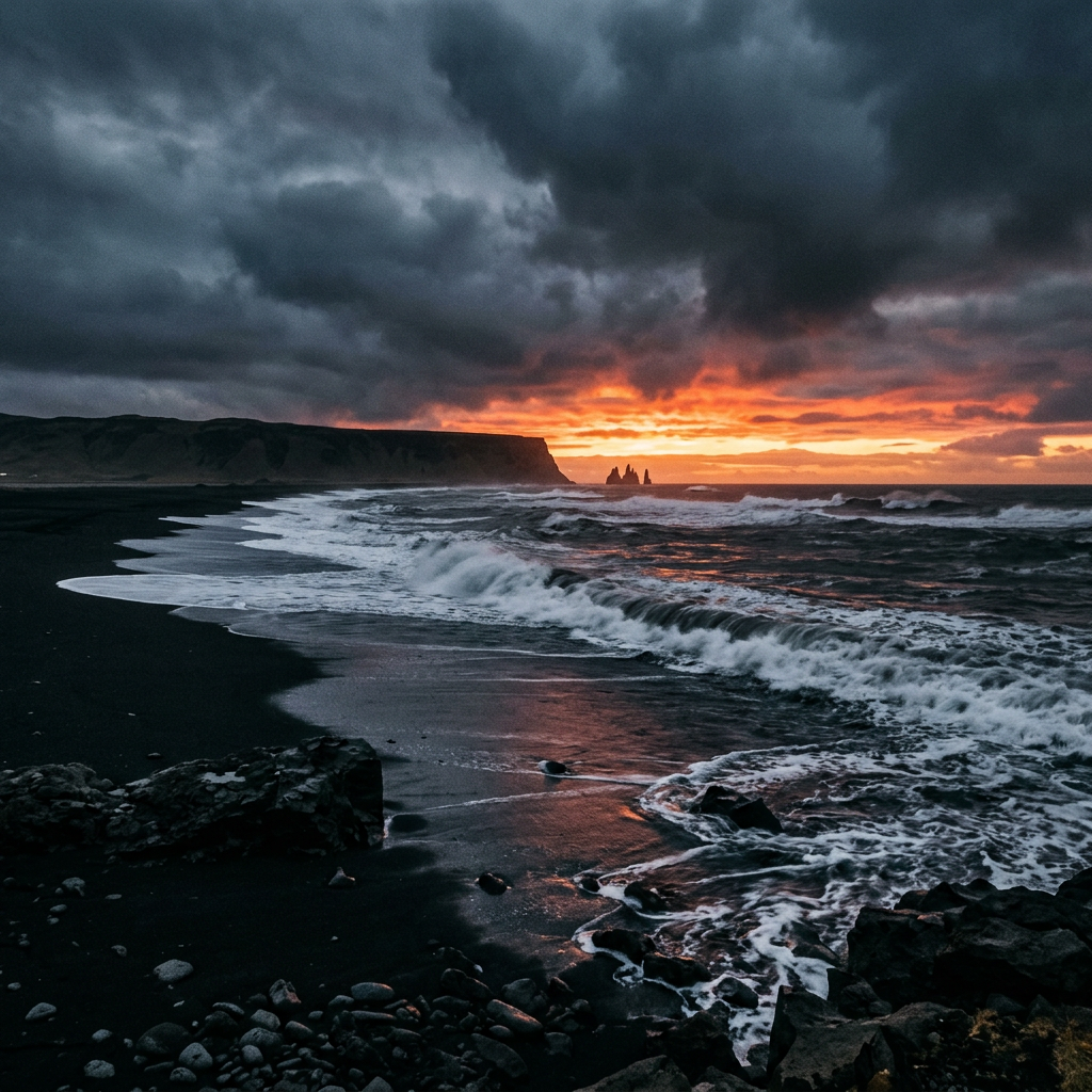 Black sand beach with waves and dark clouds at sunset